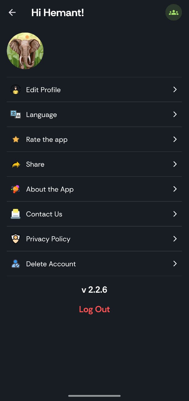 Delete Account screen - Profile Settings