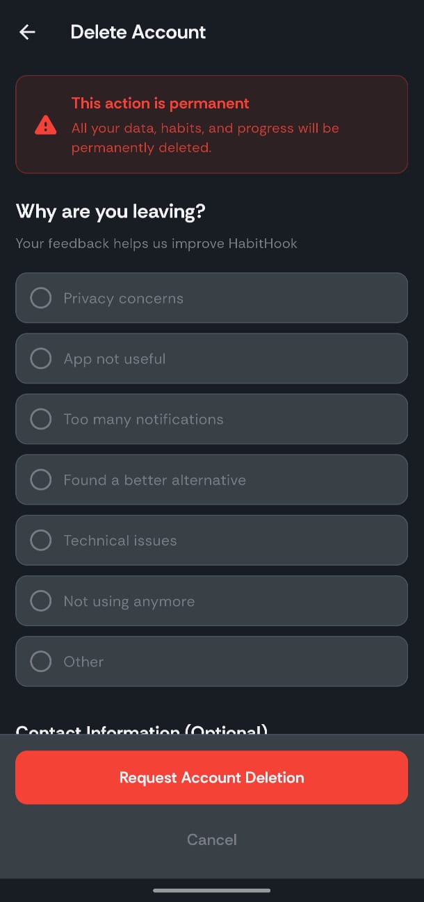 Delete Account screen - Confirmation
